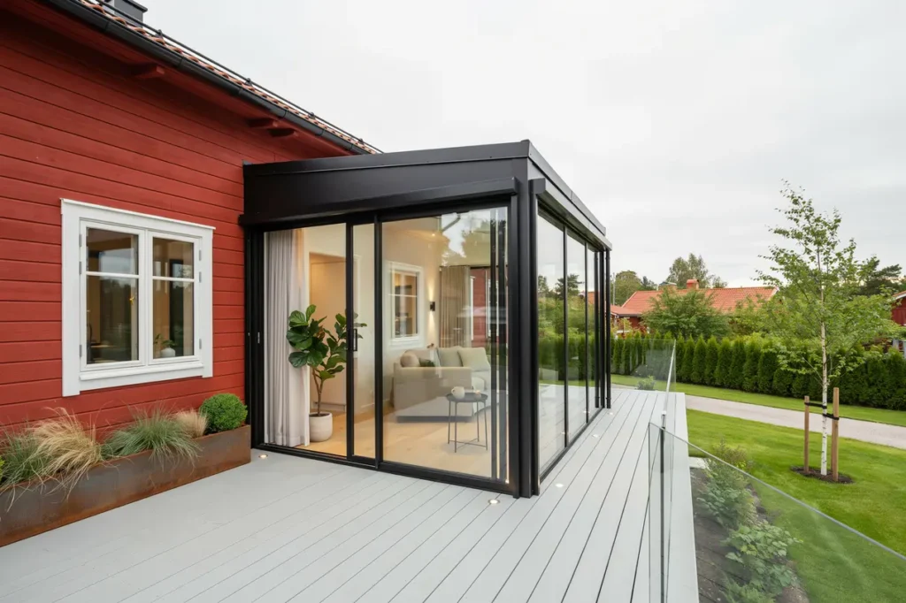 bygge av rymlig altan och uterum i flogsta uppsala